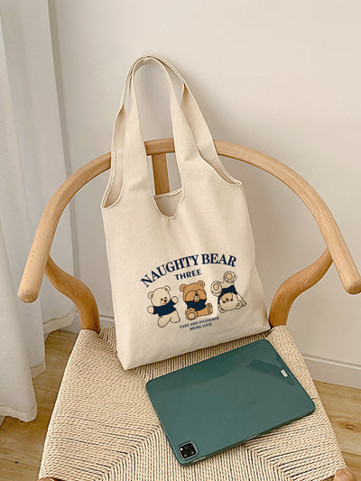 Cute and Stylish Cartoon Bear Printed Canvas Tote Bag: Perfect for Fashionable and Fun On-the-Go!