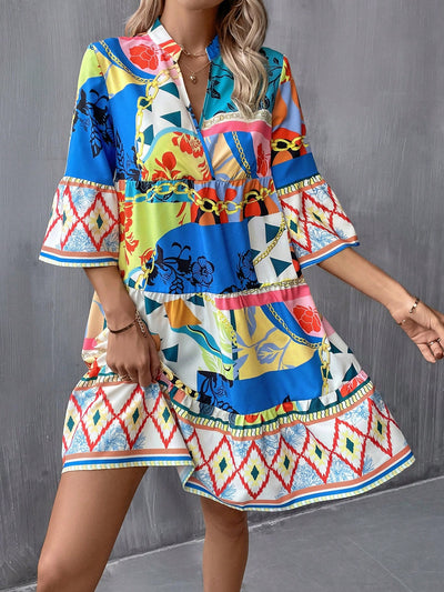 Geo Print Flounce Sleeve Ruffle Hem Smock Dress