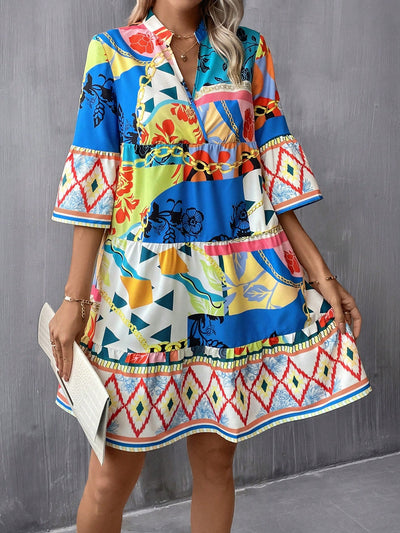 Geo Print Flounce Sleeve Ruffle Hem Smock Dress