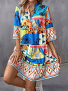 Geo Print Flounce Sleeve Ruffle Hem Smock Dress