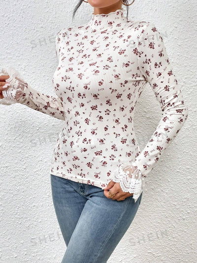 Floral Bliss: Mesh Flare Sleeve Mock Neck Tee