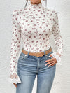 Floral Bliss: Mesh Flare Sleeve Mock Neck Tee