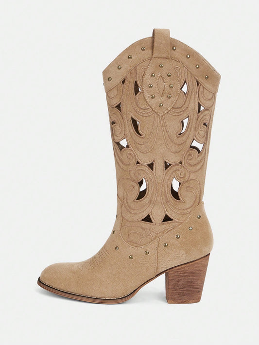 Studded Western Style: Faux Suede Chunky Heeled Boots