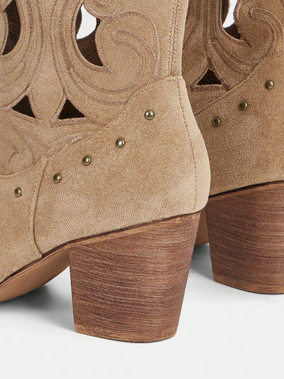 Studded Western Style: Faux Suede Chunky Heeled Boots