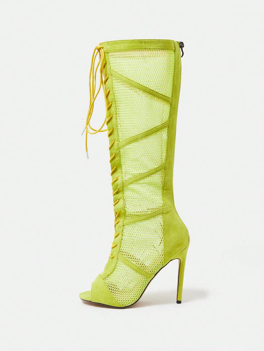 Funky Mesh Fashion Boots: Women's Hollow Design Peep Toe Stiletto Heeled Sandal Boots
