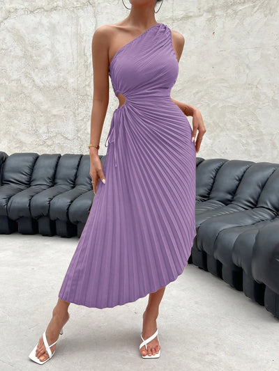 Radiant Rainbow: One-Shoulder Cut Out Waist Pleated Gradient Asymmetrical Hem Dress