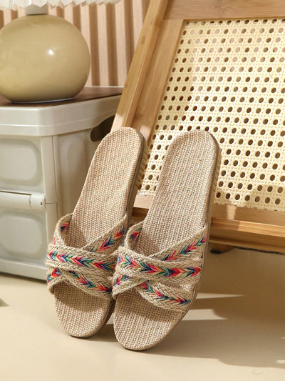 Woven Detail Patchwork Linen Home Slippers: Comfort meets Style