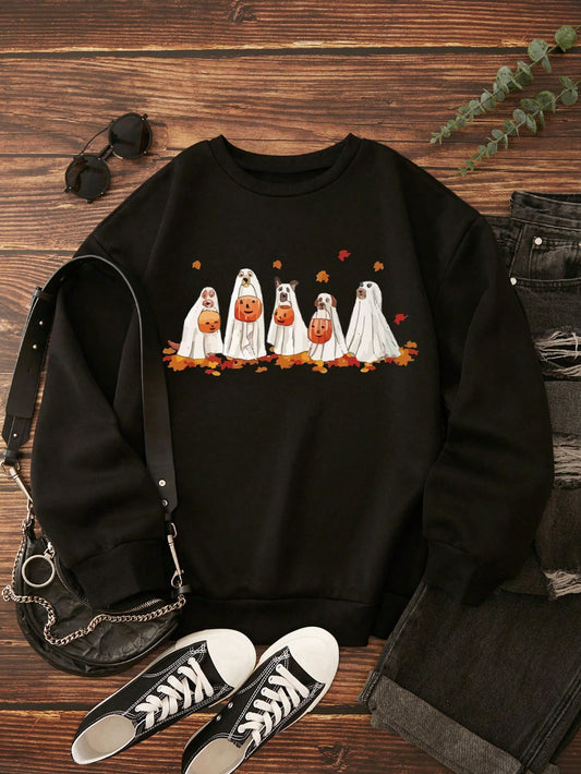 Enjoy warmth and comfort in style with our Plus Halloween Print Thermal-Lined Sweatshirt. Featuring soft and durable fabric that is sure to keep you warm, this Halloween-print sweatshirt is a great way to get into the spooky season.