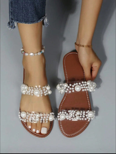 Clear Strap Flat Sandals with Imitation Pearl Decor for Elegant Ladies