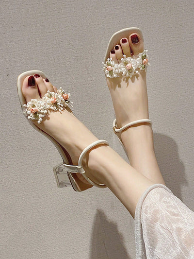 Sparkling Flower Rhinestone Chunky Heel Sandals: Step into Spring with Style