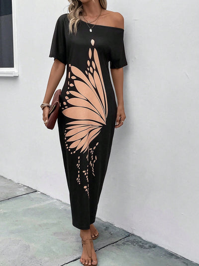 Fluttering Beauty: Butterfly Print Batwing Sleeve Tee Dress