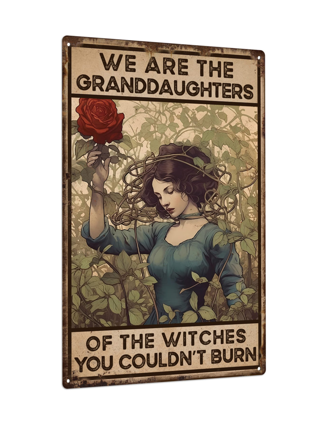 Celebrate the power and resilience of your female ancestors with this <a href="https://canaryhouze.com/collections/metal-arts" target="_blank" rel="noopener">vintage</a> plaque. Featuring the phrase "We Are The Granddaughters of The Witches You Couldn't Burn," this decorative wall art serves as a reminder of the strength and legacy passed down through generations. Perfect for displaying in your home or gifting to family, friends, and