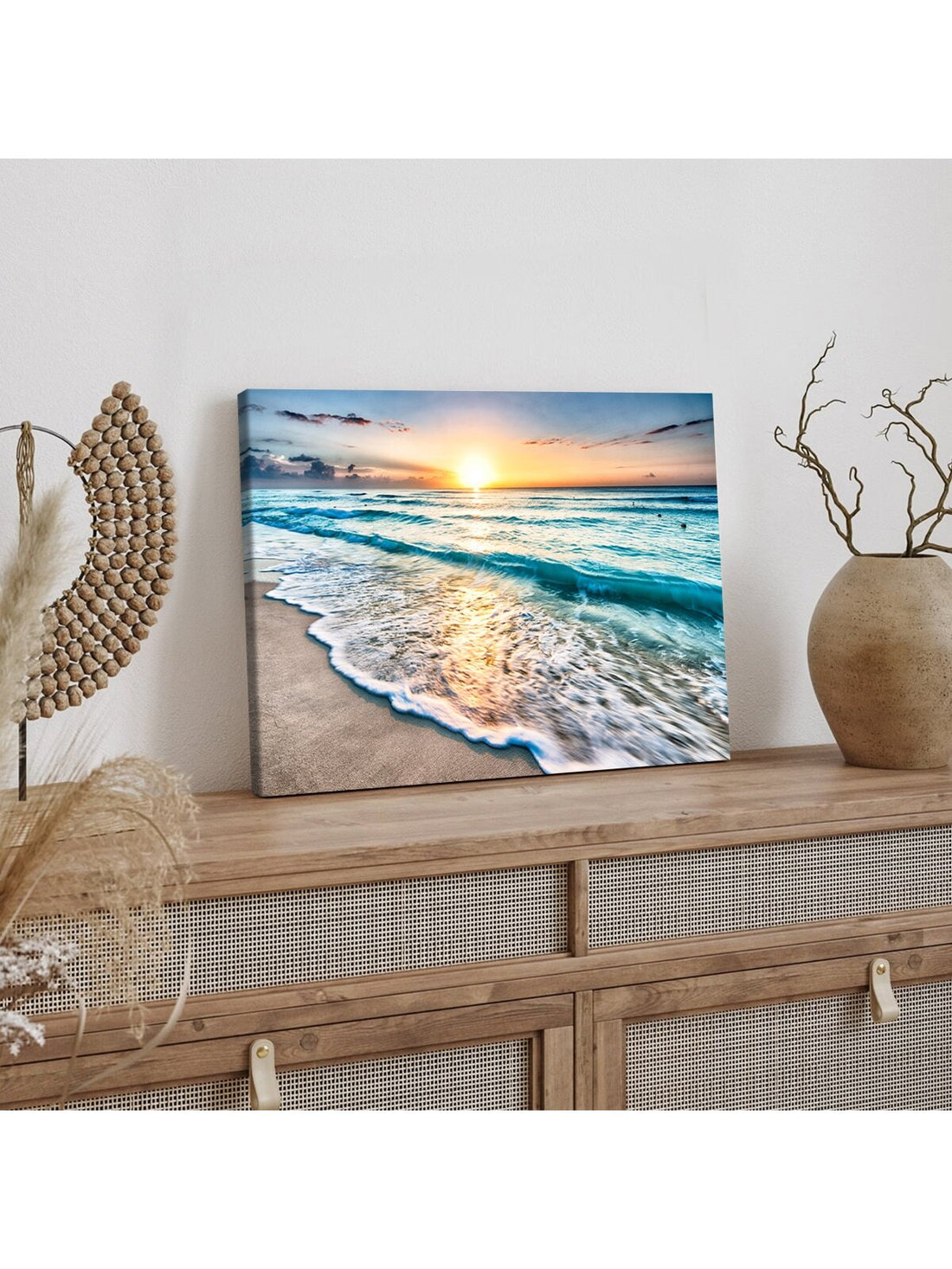 Bring the beauty of nature into your home with the Wave of Sunset Canvas Poster. This Nordic-style piece of art will add a touch of serenity to any room. Made with high-quality materials, it is perfect for home decoration and will elevate the aesthetic of any living space.