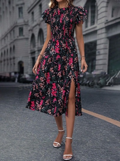 Blooming Beauty: Floral Print Butterfly Sleeve Split Thigh Dress