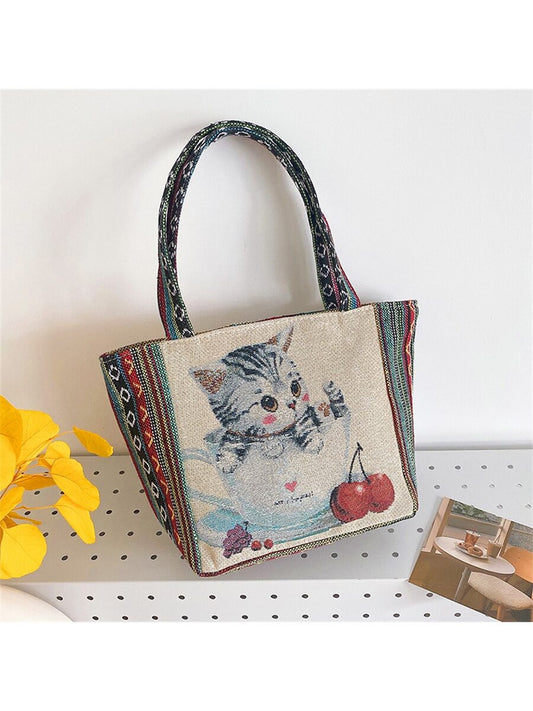 Whimsical Cartoon Cat Print Casual Tote Bag: A Perfect Companion for Your Vacation