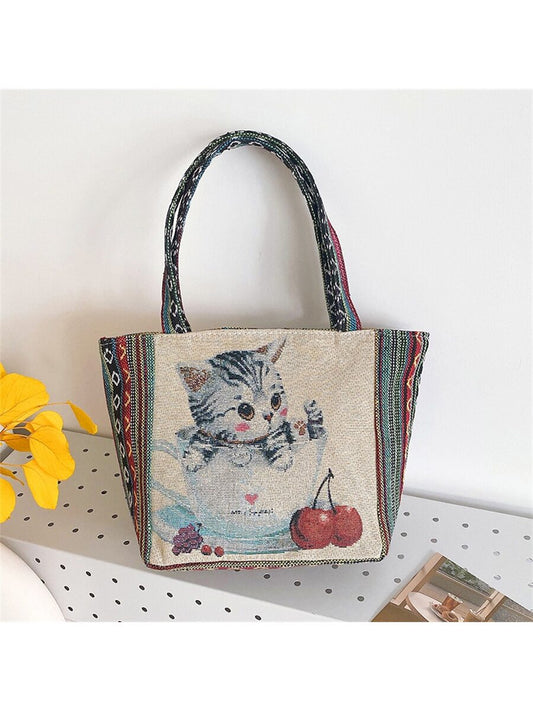 Elevate your vacation style with our Whimsical Cartoon Cat Print Casual Tote Bag. Made from durable materials, this bag is the perfect companion for your travels. Its cute and playful design will surely make a statement, while its spacious interior and sturdy straps provide functionality. Get ready to turn heads and carry all your essentials effortlessly.
