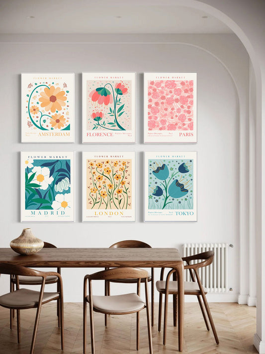 Discover the beauty of city and country botanical scenes with our 6-piece canvas print set. Each print features hand-painted plant illustrations from London, Madrid, Paris, and Tokyo. Perfect for adding a touch of nature to your home decor.