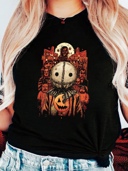 Halloween Horror Cartoon & Pumpkin Print Short Sleeve Round Neck T-shirt, Plus Size Halloween Casual T-shirt, Women's Clothing