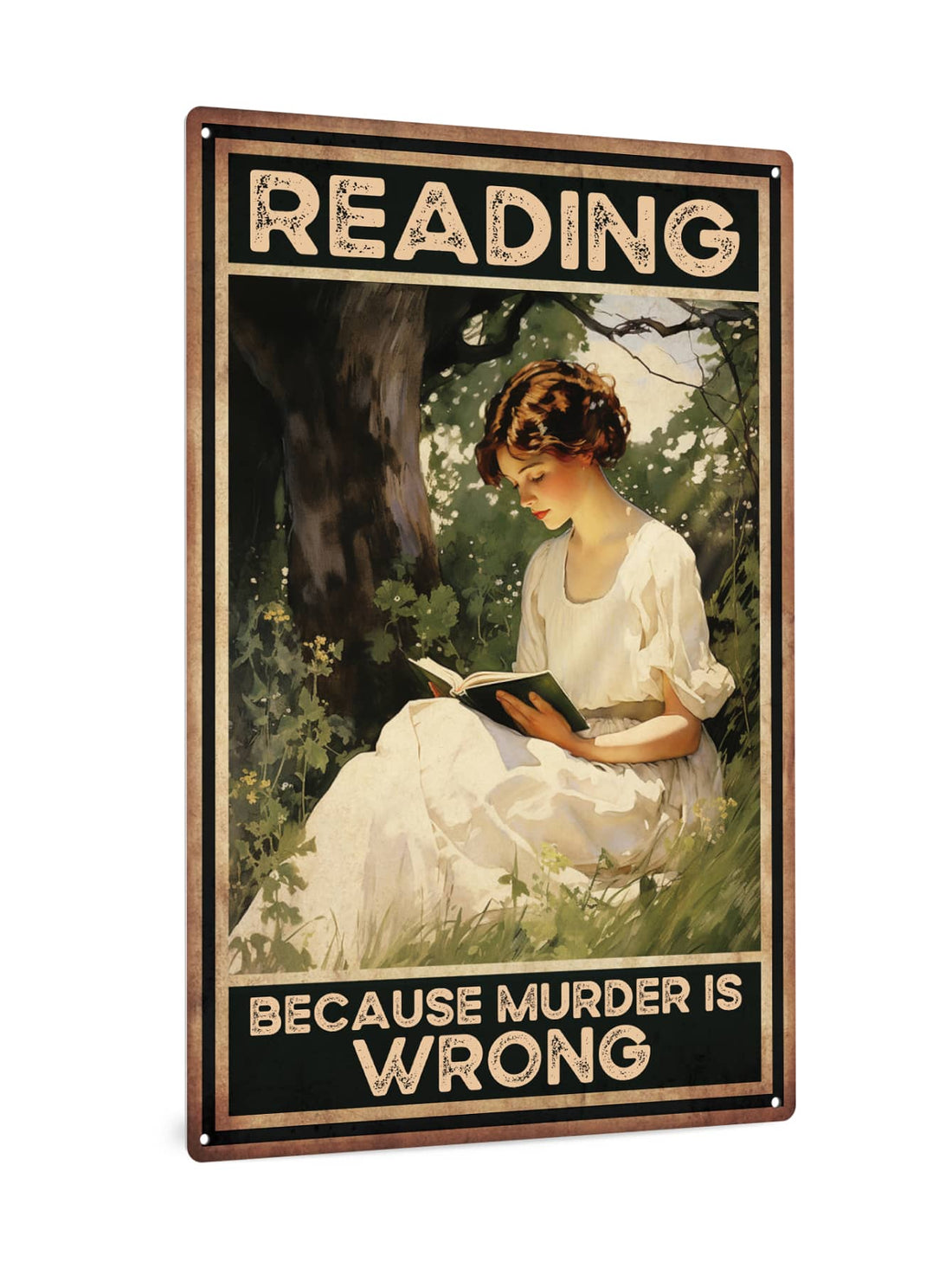 Display this vintage metal tin sign in your home library for a touch of literary charm. With the phrase "Reading Because Murder is Wrong," this sign adds a thoughtful and educational element to your decor. Made to last, this sign is a great addition to any book lover's collection.