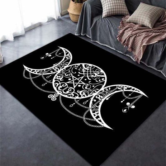 Add character to your home with this Triple Moon Goddess Pattern Rug. Featuring 3D printing technology, this Wiccan and Gothic-inspired design is perfect for living rooms, bedrooms, and hallways. An eye-catching piece of unique Halloween and room decor, it's available in multiple sizes.