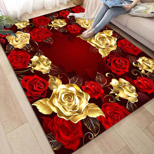 The Radiant Elegance area rug is designed to bring a beautifully crafted aesthetic to your home. This Red Golden Rose Print rug features a vibrant, eye-catching floral pattern for an elegant look. Perfect for adding a touch of luxury to any room, this rug is sure to bring style and sophistication to your space.
