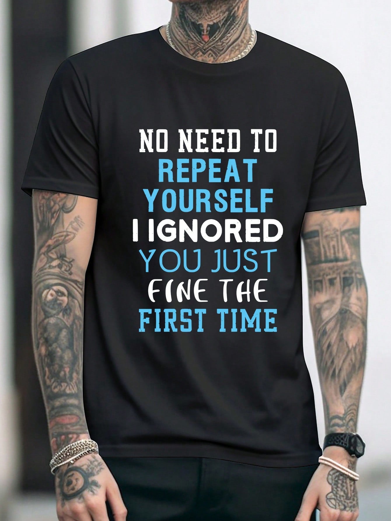 Experience ultimate style and make a statement with our men's slogan graphic tee. Crafted with the perfect combination of fashion and comfort, this tee features bold graphics and a stylish slogan for the modern man. Elevate your wardrobe with this must-have piece.