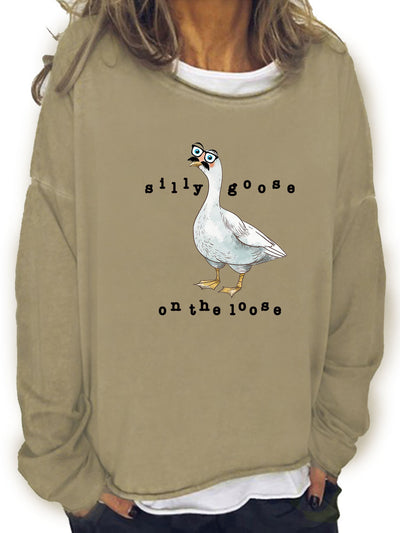 Casual and Cozy: Silly Goose Print Crew Neck Sweatshirt for Women