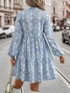 Boho Chic: Allover Print Tie-Neck Lantern Sleeve Smock Dress