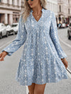 Boho Chic: Allover Print Tie-Neck Lantern Sleeve Smock Dress