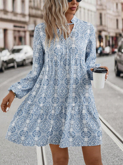 Boho Chic: Allover Print Tie-Neck Lantern Sleeve Smock Dress