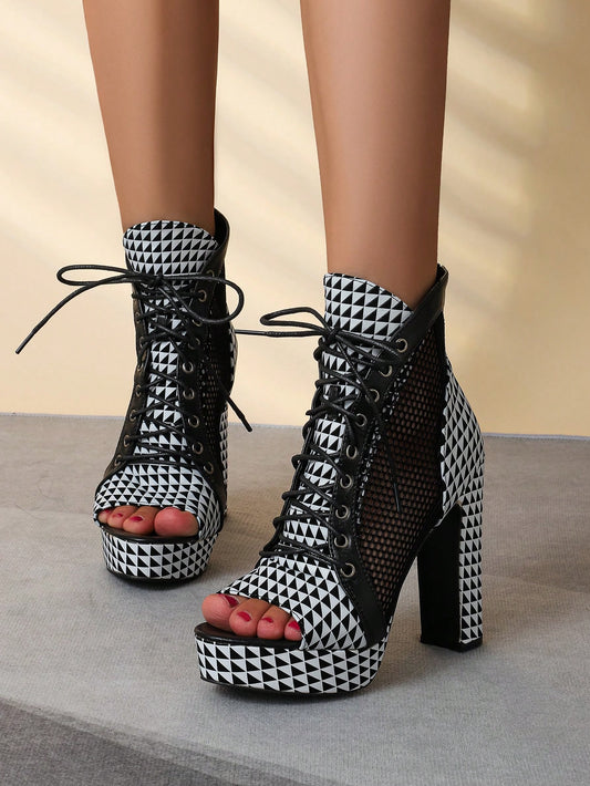 Summer Style Statements: Triangle Pattern Peep Toe Chunky Heeled Sandals