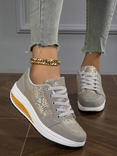 Golden Pattern Lace-Up Non-Slip Wedge Platform Sneakers for Stylish Comfort