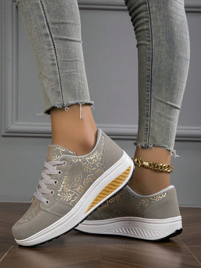 Golden Pattern Lace-Up Non-Slip Wedge Platform Sneakers for Stylish Comfort