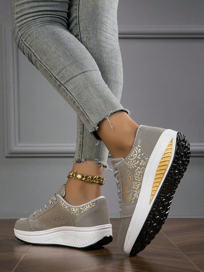 Golden Pattern Lace-Up Non-Slip Wedge Platform Sneakers for Stylish Comfort