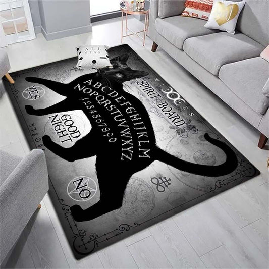 This Mystical Black Cat Witches Spirit Area Rug is the perfect accent to enhance your living space this Halloween. Its spooky and intricate design is sure to bring an extra layer of gothic decor to your home. A must-have for any Halloween fan.