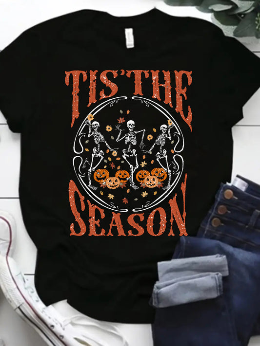 Halloween Funny Skeleton & Letter Print T-Shirt: A Stylish Casual Short Sleeve Tee for Women's Spring/Summer Wardrobe