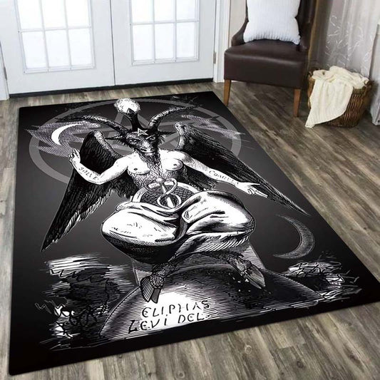Bring spooky vibes to your home with this Satanic Baphomet rug. With a unique black dark theme, it is sure to make an eye-catching statement, perfect for Halloween decor or a gothic vibe. Crafted from superior-quality fabric, this rug will last through the seasons.