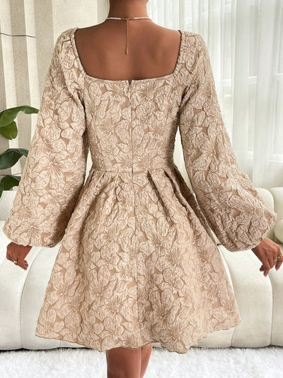 Chic and Elegant: Jacquard Square Neck Lantern Sleeve Dress