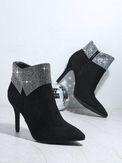 Glamorous Sparkle Stiletto Boots: Rhinestone Decor Side Zipper Chic