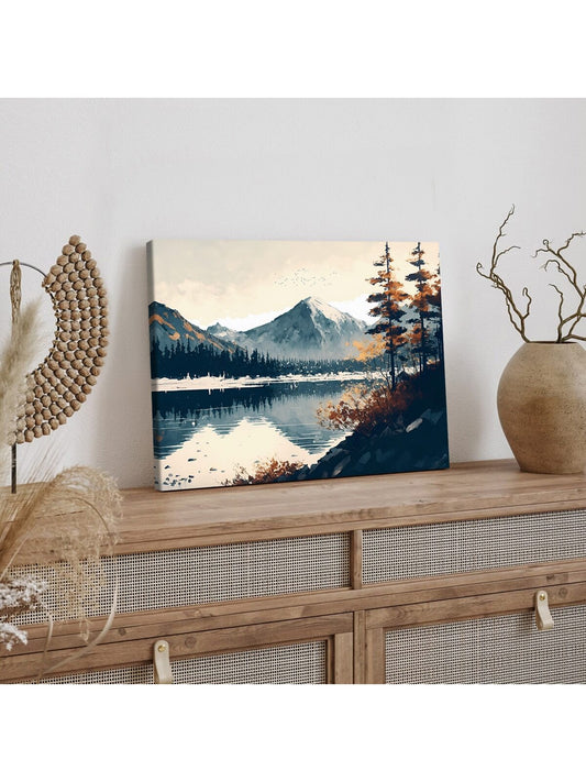 Japanese Inspired Landscape Canvas Art: Colorful Fuji Mountain Lake Tower Temple
