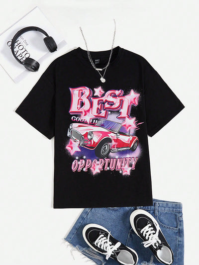 Vintage Car and Letter Print Short Sleeve Tee