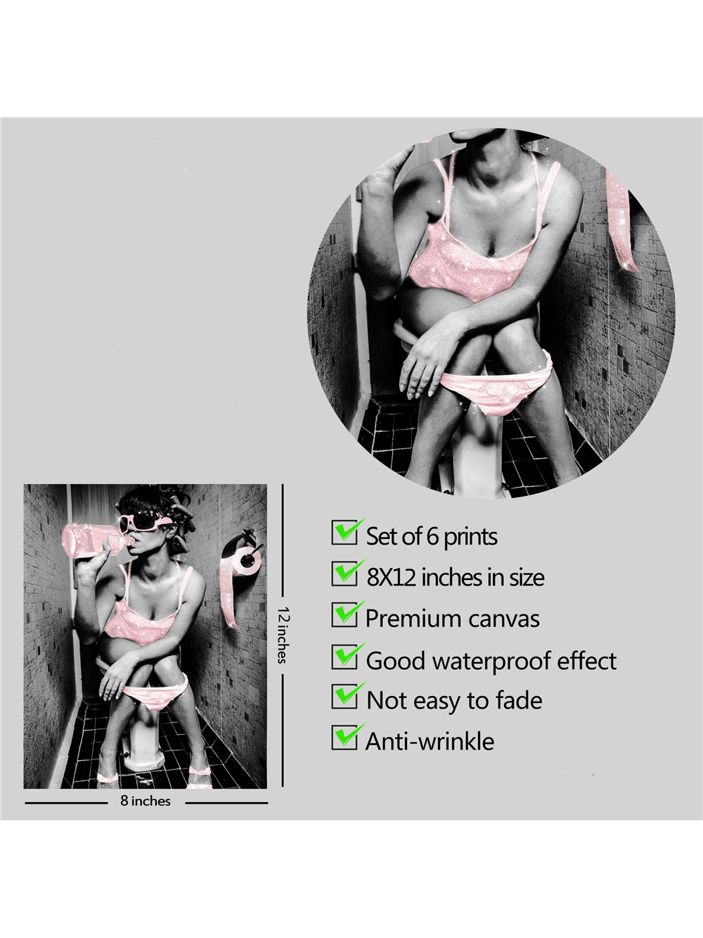 Transform your bathroom into a stylish space with our 6-piece frameless pink fashion <a href="https://canaryhouze.com/collections/canvas" target="_blank" rel="noopener">wall art</a> prints. Each piece is printed on high-quality canvas, designed to enhance your bathroom decor with a touch of pink. Elevate your bathroom into a chic and sophisticated space with our beautiful posters.