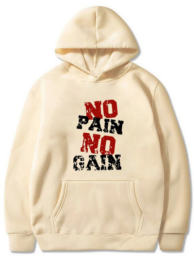 Introducing the No Pain, No Gain Hoodie - the ultimate graphic print hoodie for active men. Made with high-quality material, this hoodie features a comfortable fit and a bold design that showcases your commitment to fitness. Stay motivated and push through any workout with this must-have addition to your athletic wardrobe.