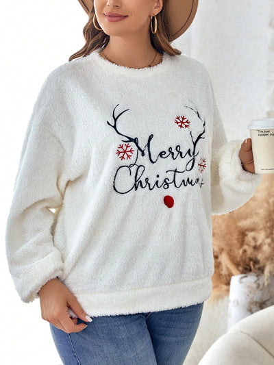 Stay Cozy and Stylish with the Slogan Embroidery Drop Shoulder Teddy Sweatshirt