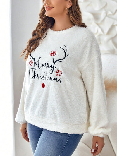 Stay Cozy and Stylish with the Slogan Embroidery Drop Shoulder Teddy Sweatshirt