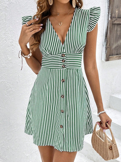 Striped Print Button-Front Dress with Ruffle Trim and Butterfly Sleeves