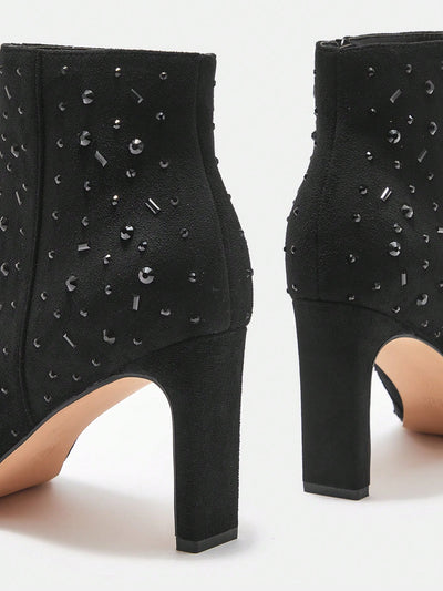 Sparkle in Style: Black Rhinestone Studded High Heel Ankle Boots