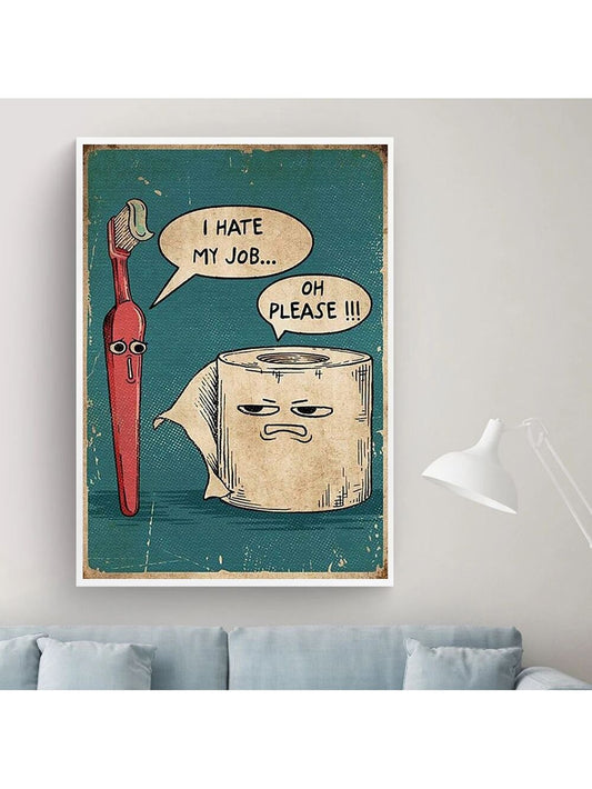 Quirky Bathroom Humor: Toothbrush and Toilet Paper Poster Printed Canvas Painting