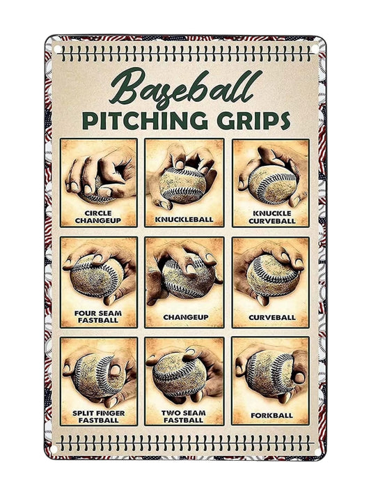 Vintage Baseball Pitching Grips Metal Sign for Home and Bar Decor