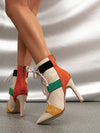 Women's Classic Style Orange Color-Blocked Stiletto Ankle Boots with Cross Straps and Back Zip